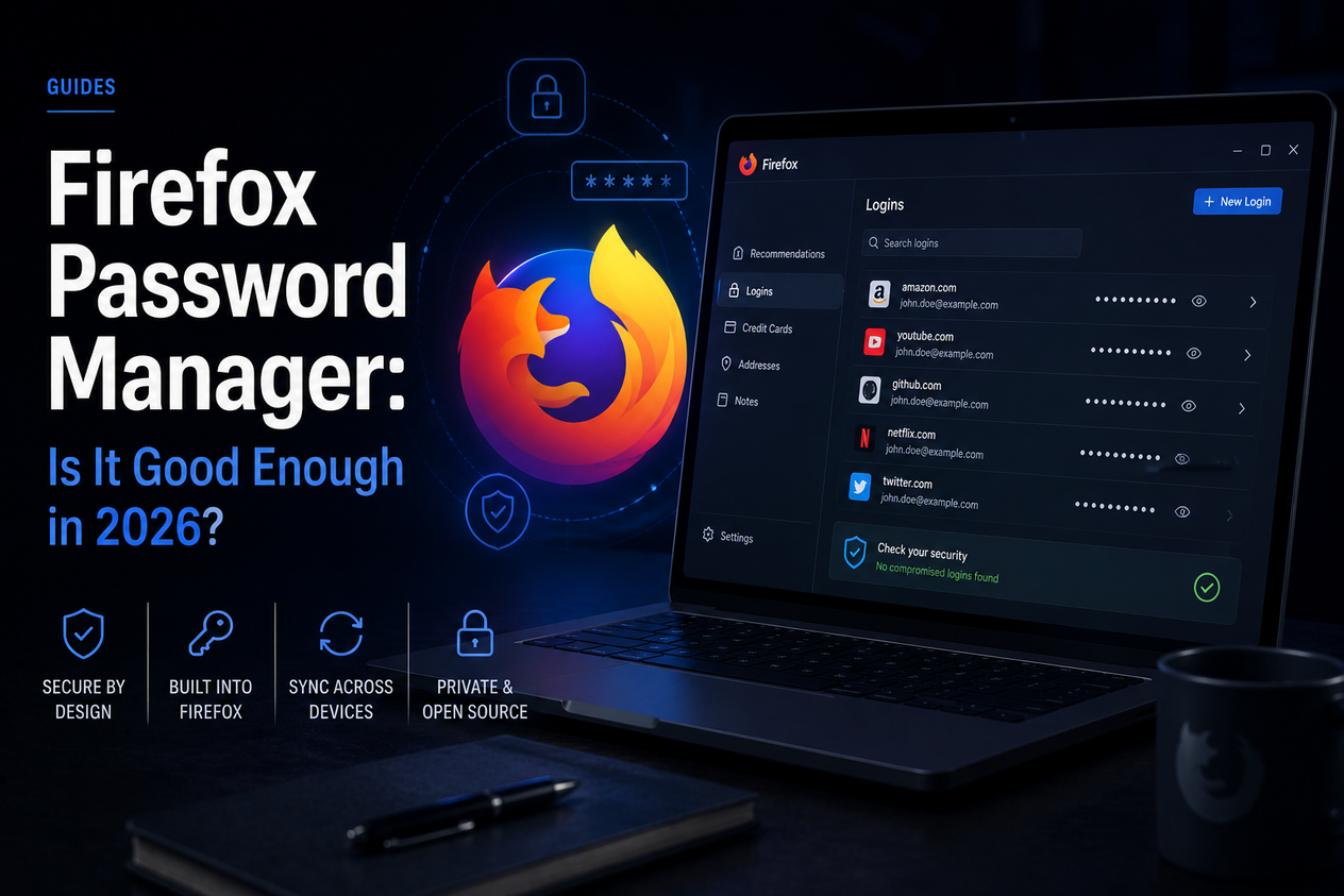 Premium editorial hero image showing a dark-themed Firefox browser interface with a secure password manager concept, blue accent lighting, and minimalist technology visuals for a guide about whether Firefox Password Manager is good enough in 2026.