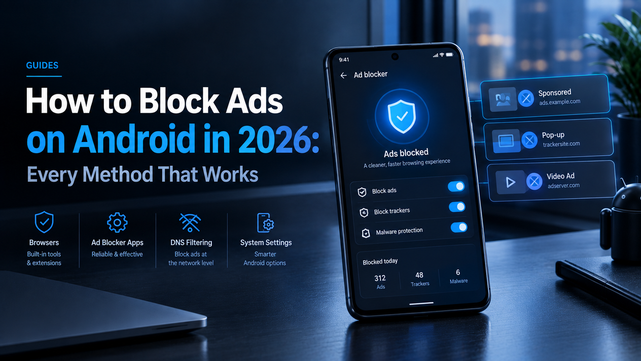 Premium editorial illustration for a guide on blocking ads on Android in 2026, showing an Android phone with ad-blocking controls, blocked sponsored content and pop-ups, plus browser, ad blocker, DNS filtering, and system settings methods.