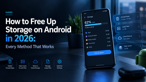 Hero image showing an Android smartphone with storage management tools, file cleanup visuals, and blue interface elements for a guide on freeing up storage in 2026.