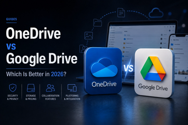 OneDrive and Google Drive compared in a 2026 cloud storage guide, featuring their logos side by side with file-sync interfaces and categories including security, storage, collaboration, and platform integration.