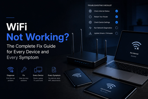 Premium editorial hero image for a Wi-Fi troubleshooting guide, showing a blue-lit wireless router beside a laptop, smartphone, and tablet with connection errors, alongside a troubleshooting checklist for diagnosing and fixing Wi-Fi problems across devices.