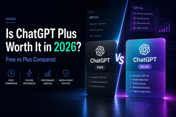 Premium dark-themed hero image comparing ChatGPT Free and ChatGPT Plus in 2026, with side-by-side plan cards, a glowing “VS” divider, and visual highlights for features, performance, and usage limits.