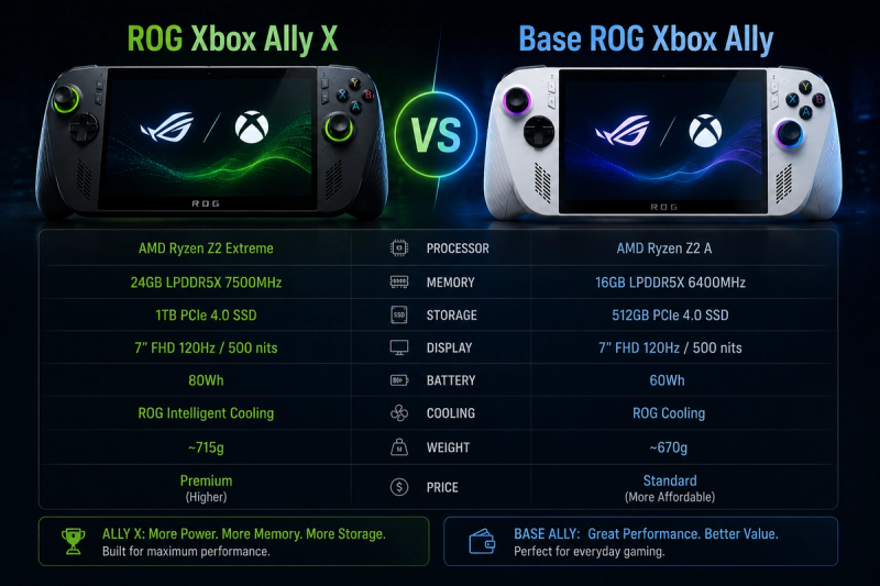 ROG Xbox Ally X and base ROG Xbox Ally handhelds compared side by side, highlighting differences in processor, memory, storage, battery, cooling, weight, and overall value.