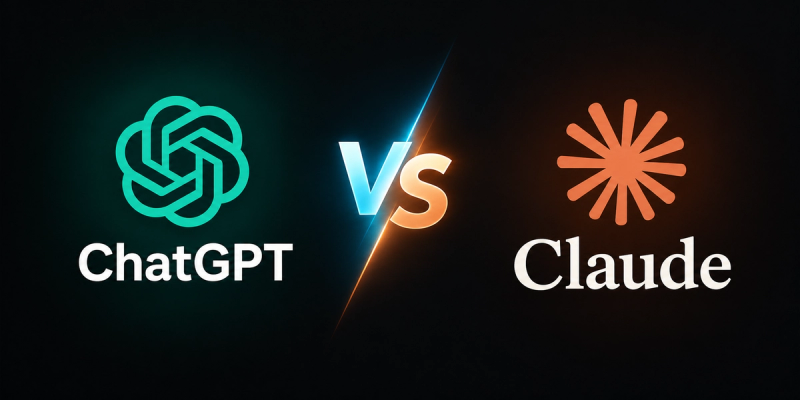 ChatGPT vs Claude logo comparison on a black background, featuring the teal ChatGPT emblem on the left, the orange Claude logo on the right, and a glowing “VS” between them.