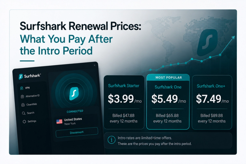 Inline infographic showing Surfshark renewal prices after the introductory period. A dark, editorial-style layout combines the Surfshark VPN interface with three pricing cards comparing the Starter ($3.99/month), One ($5.49/month), and One+ ($7.49/month) plans, while a rising price chart and world map background emphasize the long-term cost increase after promotional pricing ends.