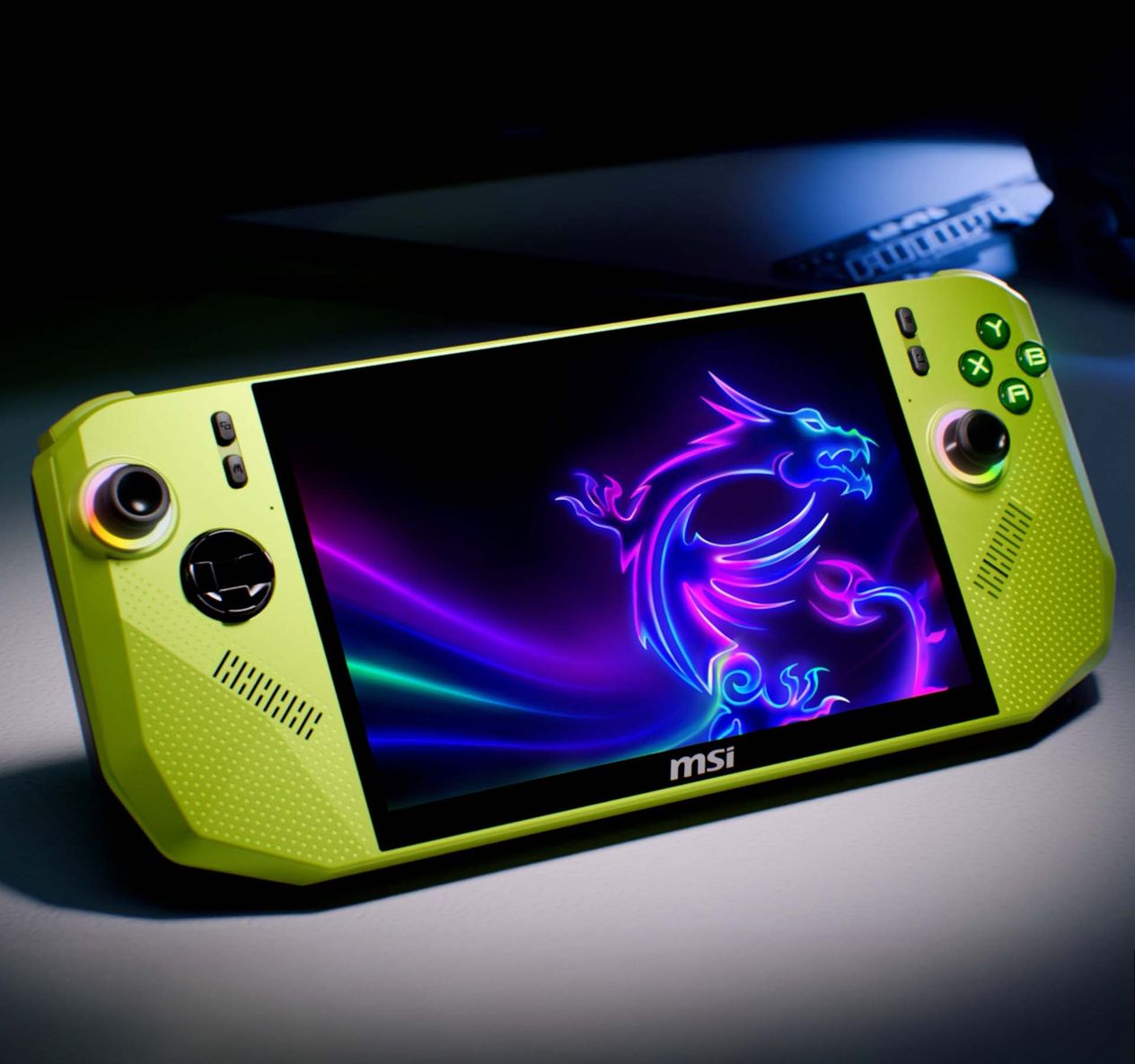 A lime green MSI Claw handheld gaming console with a dark display showing a glowing, neon-style dragon logo.