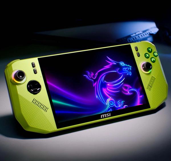 A lime green MSI Claw handheld gaming console with a dark display showing a glowing, neon-style dragon logo.