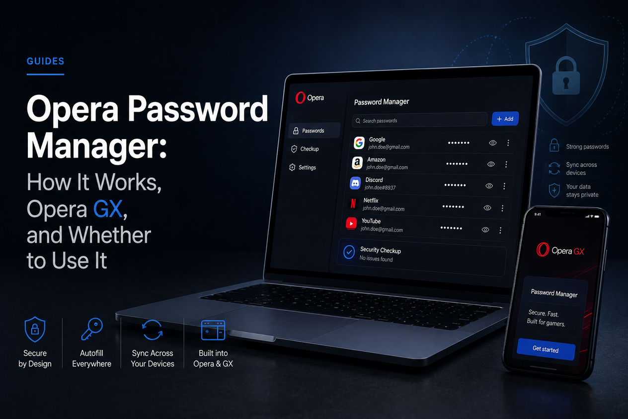 Premium editorial-style hero image for an Opera Password Manager guide article. A laptop and smartphone display Opera Password Manager and Opera GX interfaces against a dark charcoal background with subtle blue lighting. The left side features the headline “Opera Password Manager: How It Works, Opera GX, and Whether to Use It,” while security-focused icons highlight password protection, autofill, cross-device synchronization, and Opera browser integration, matching the clean visual style of a modern technology publication.