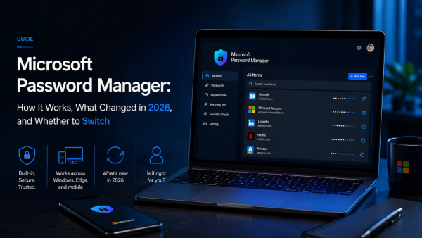 Premium 16:9 editorial hero image showing a laptop with a Microsoft Password Manager interface, a smartphone displaying a security icon, and a dark blue workspace, alongside the headline “Microsoft Password Manager: How It Works, What Changed in 2026, and Whether to Switch.
