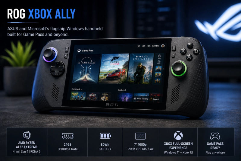 ROG Xbox Ally handheld gaming PC shown in a premium editorial product photo, highlighting its compact design, controls, display, and Windows gaming experience against a dark blue background.