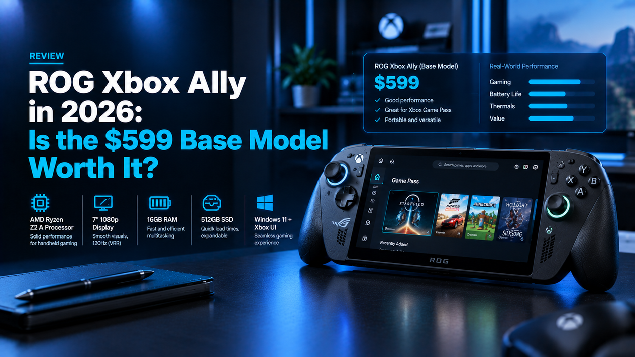 ROG Xbox Ally base model hero image featuring the $599 handheld gaming PC, Windows 11 Xbox gaming interface, Ryzen Z2 A processor, 7-inch 1080p display, 16GB RAM, 512GB SSD, and real-world performance metrics against a dark, blue-lit gaming setup.