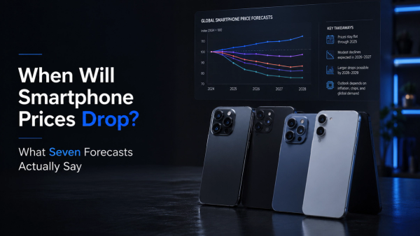 Premium editorial graphic showing several modern smartphones on a dark reflective surface with blue ambient lighting, alongside a smartphone price forecast chart and the headline “When Will Smartphone Prices Drop? What Seven Forecasts Actually Say.