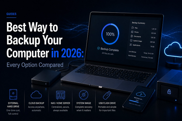 Hero image illustrating computer backup options in 2026, featuring a laptop with a “Backup Complete” dashboard, an external hard drive, cloud backup, secure storage, and icons for NAS, system images, and USB drives.