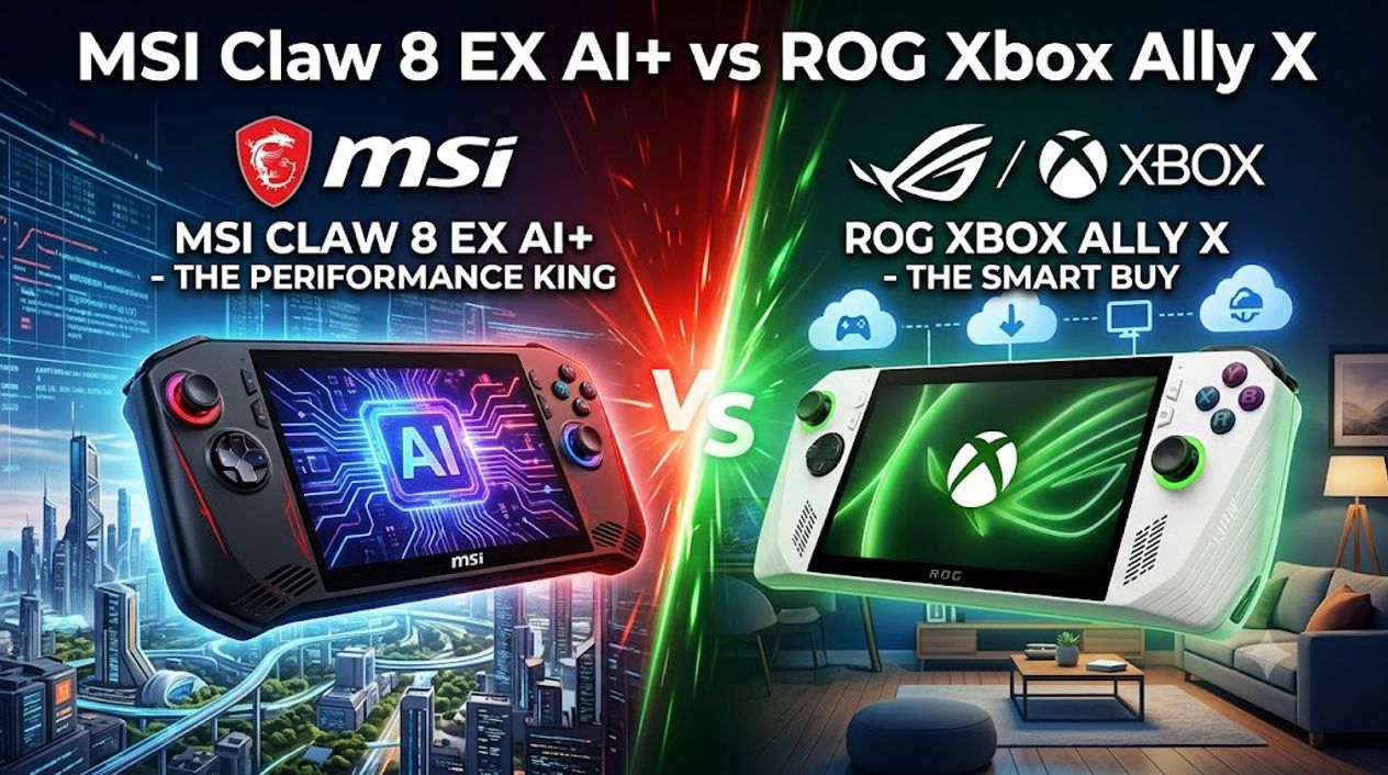 A split-screen comparison graphic titled "MSI Claw 8 EX AI+ vs ROG Xbox Ally X." On the left, the black MSI Claw 8 ("The Performance King") is shown against a futuristic blue city with an AI microchip graphic on its screen. On the right, the white ROG Xbox Ally X ("The Smart Buy") is shown in a cozy living room with a green Xbox logo on its screen. A red and green energy beam splits the two sides with a "Vs" logo in the middle.