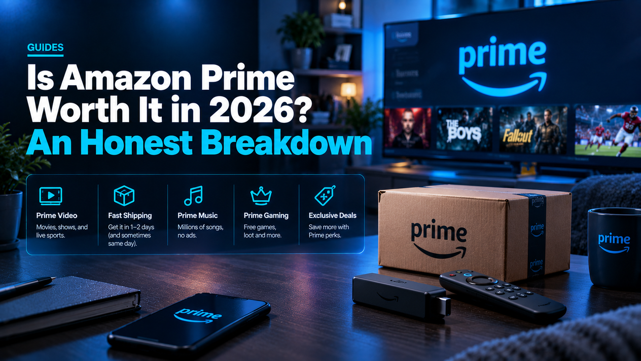 Amazon Prime 2026 guide hero image showing Prime Video, fast shipping, Prime Music, Prime Gaming, and exclusive deals alongside a Prime delivery box, streaming setup, and remote in a dark blue-lit room.