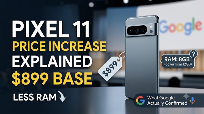 A news graphic featuring a Google Pixel-style smartphone next to text explaining the "Pixel 11 Price Increase" to "$899 Base" with "Less RAM