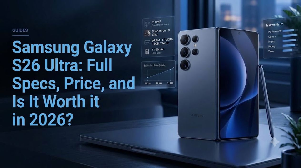Samsung Galaxy S26 Ultra hero image with dark blue headline reading "Samsung Galaxy S26 Ultra: Full Specs, Price, and Is It Worth it in 2026?" next to a foldable dark grey smartphone and stylus.