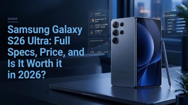 Samsung Galaxy S26 Ultra hero image with dark blue headline reading "Samsung Galaxy S26 Ultra: Full Specs, Price, and Is It Worth it in 2026?" next to a foldable dark grey smartphone and stylus.