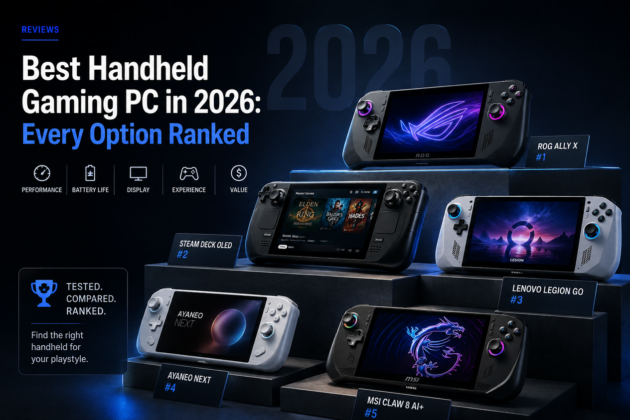 Premium editorial graphic for ‘Best Handheld Gaming PC in 2026: Every Option Ranked,’ featuring three gaming handhelds displayed on illuminated platforms, with ROG Ally X ranked #1 and Steam Deck OLED ranked #2