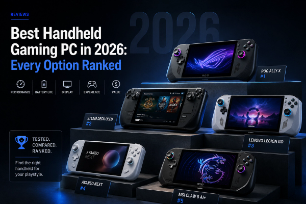 Premium editorial graphic for ‘Best Handheld Gaming PC in 2026: Every Option Ranked,’ featuring three gaming handhelds displayed on illuminated platforms, with ROG Ally X ranked #1 and Steam Deck OLED ranked #2