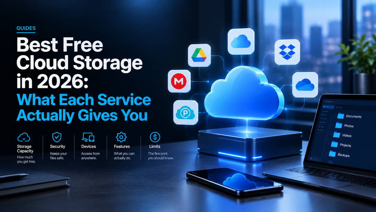 Best free cloud storage services in 2026 shown as connected cloud platforms, with a laptop and smartphone illustrating storage, security, device access, features, and service limits.