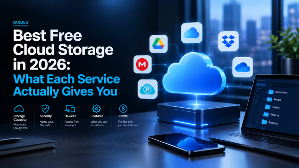 Best free cloud storage services in 2026 shown as connected cloud platforms, with a laptop and smartphone illustrating storage, security, device access, features, and service limits.