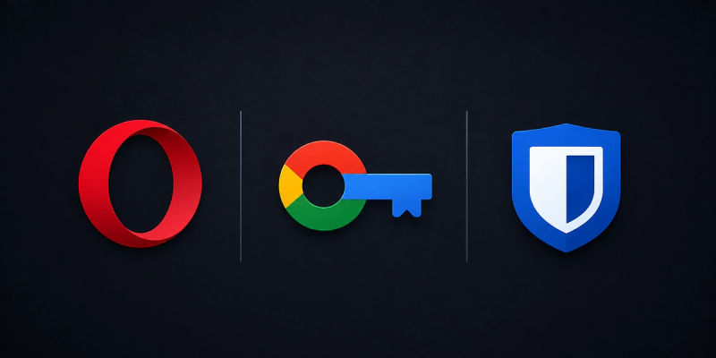 Minimalist technology graphic featuring the logos of three password managers displayed side by side on a dark charcoal background. The Opera logo appears on the left, the Google Password Manager key icon is centered, and the Bitwarden shield logo is positioned on the right, with subtle divider lines separating each platform in a clean editorial layout.