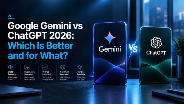 Google Gemini vs ChatGPT 2026 comparison graphic showing two AI platforms side by side, highlighting chat, image generation, coding, real-world integration, pricing, and availability.