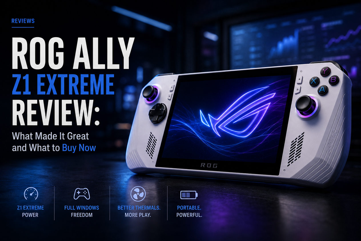 ROG Ally Z1 Extreme handheld gaming PC displayed in a dark blue editorial setting, highlighting its design and performance-focused review for 2026.