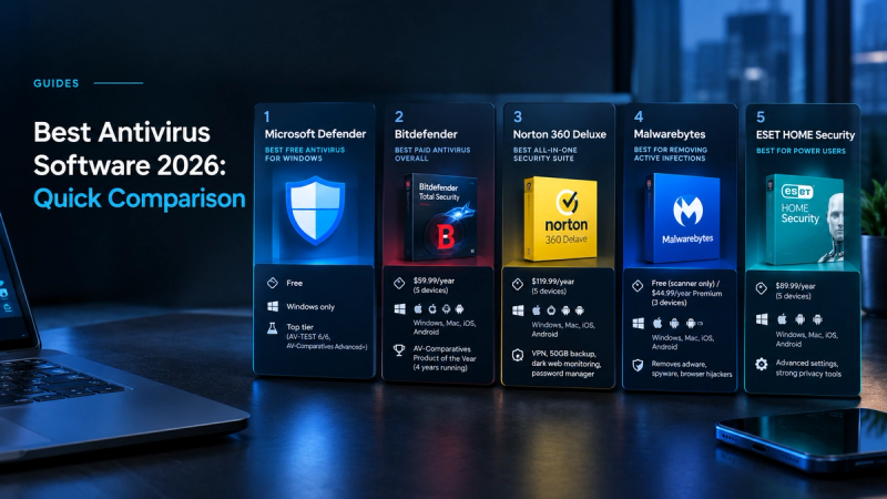 Comparison graphic showing five antivirus options—Microsoft Defender, Bitdefender, Norton 360 Deluxe, Malwarebytes, and ESET HOME Security—with their pricing, platforms, and key features.