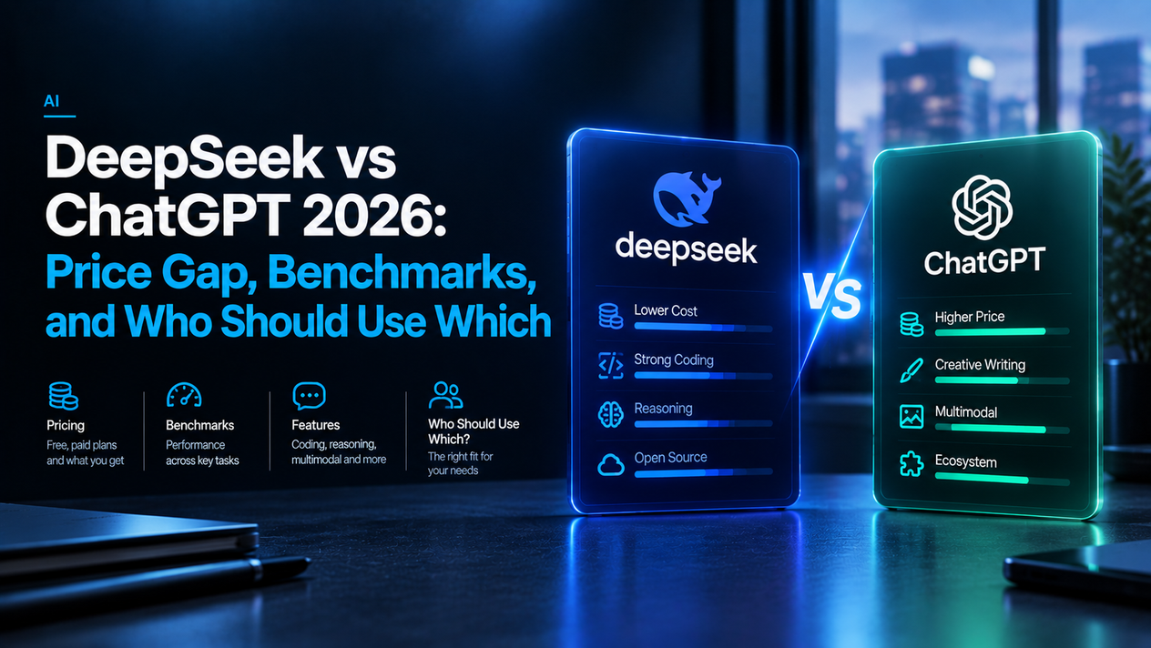 DeepSeek vs ChatGPT 2026 comparison graphic showing the price gap, benchmarks, key features, and which AI assistant is best suited for different users.