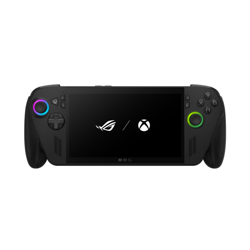 ROG Xbox Ally X handheld gaming PC shown in a premium editorial product photo, highlighting its compact design, controls, display, and Windows gaming experience against a dark blue background.