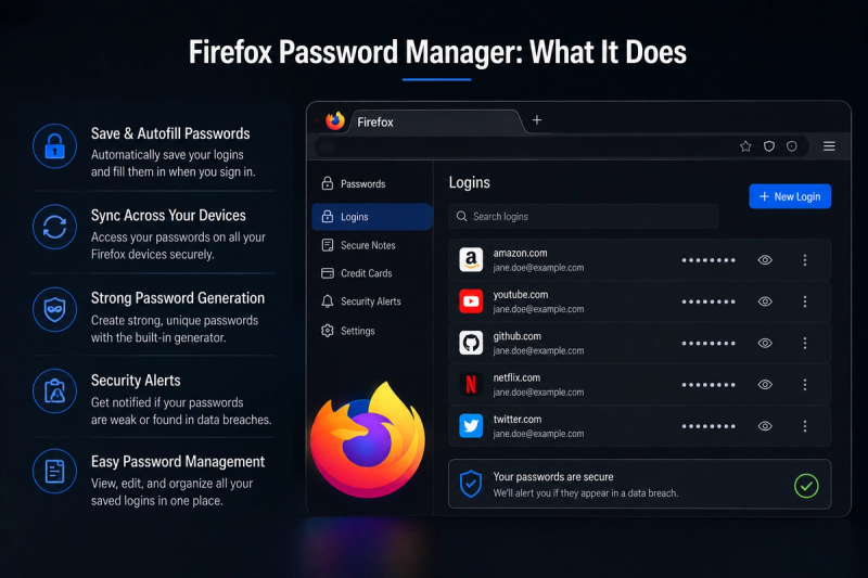 Firefox Password Manager interface illustrating key features including saving and autofilling passwords, syncing across devices, generating strong passwords, security alerts, and managing saved logins in one place.
