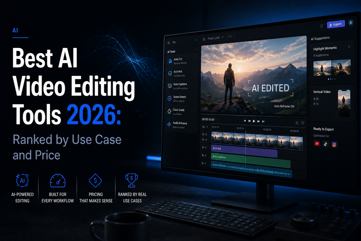 Hero image for a 2026 guide to AI video editing tools, featuring a dark editorial workstation with an AI-powered video editor, editing timeline, automated captions, AI B-roll, scene detection, and pricing-focused comparison elements.