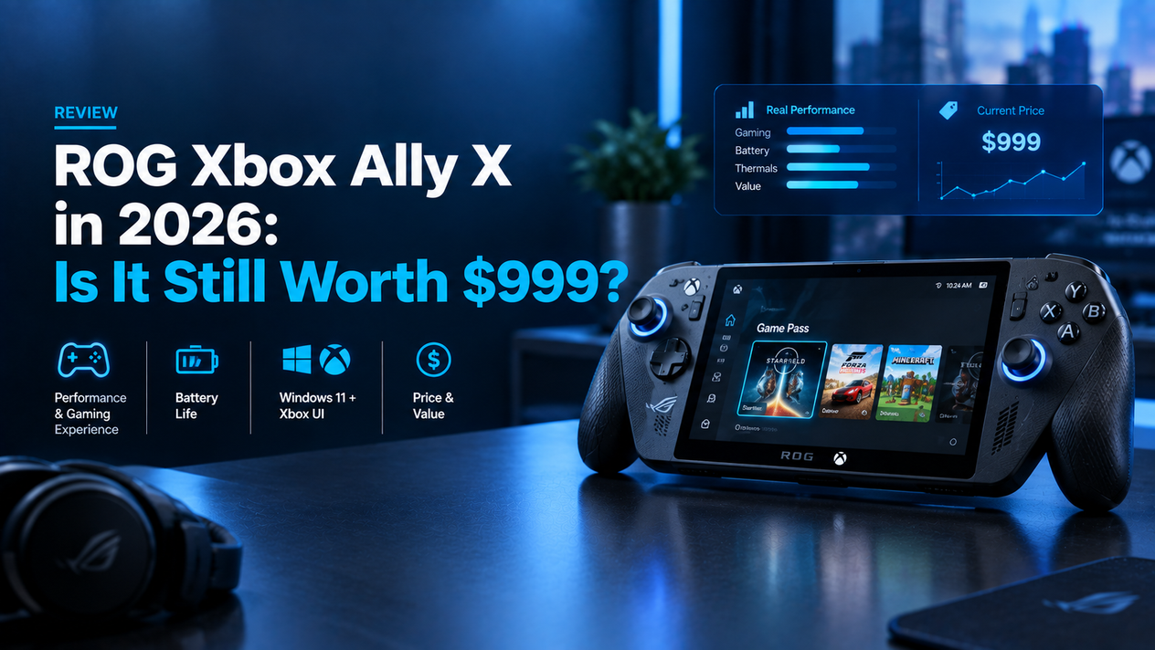 ROG Xbox Ally X handheld gaming PC on a dark desk with performance, battery, Xbox UI, and $999 value graphics.