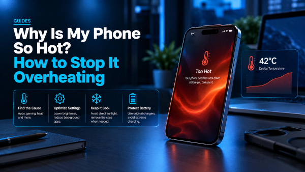 Smartphone showing temperature warning on screen with heat lines