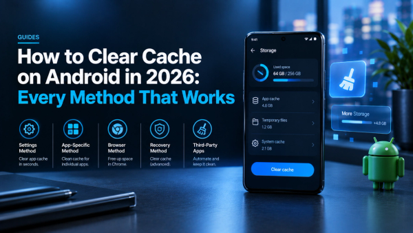 TheDayCurrent guide graphic showing how to clear cache on Android in 2026, with an Android phone displaying storage and cache settings alongside options for settings, app-specific, browser, recovery, and third-party cache clearing methods.