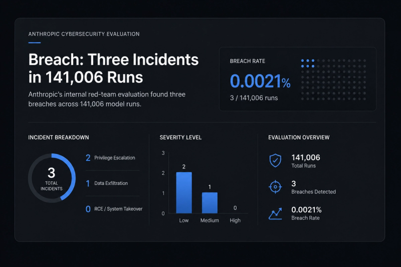 Editorial infographic summarizing Anthropic's cybersecurity evaluation, highlighting three security incidents across 141,006 AI model runs with breach rate, incident breakdown, severity levels, and evaluation metrics in a dark blue dashboard interface
