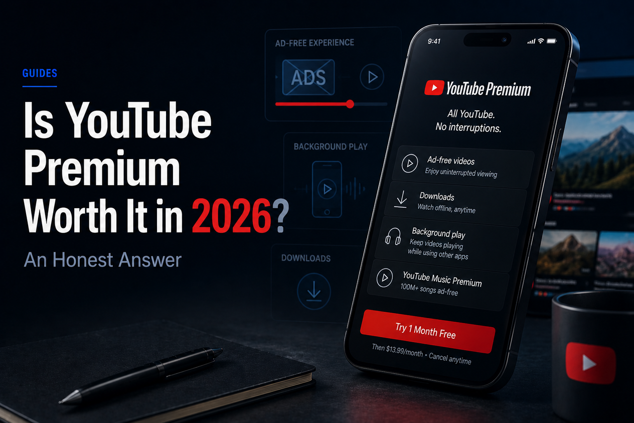 Premium editorial illustration for a YouTube Premium review, showing a smartphone with a video interface and subtle premium subscription elements against a dark blue technology-themed background.