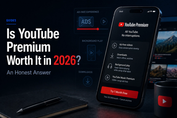 Premium editorial illustration for a YouTube Premium review, showing a smartphone with a video interface and subtle premium subscription elements against a dark blue technology-themed background.