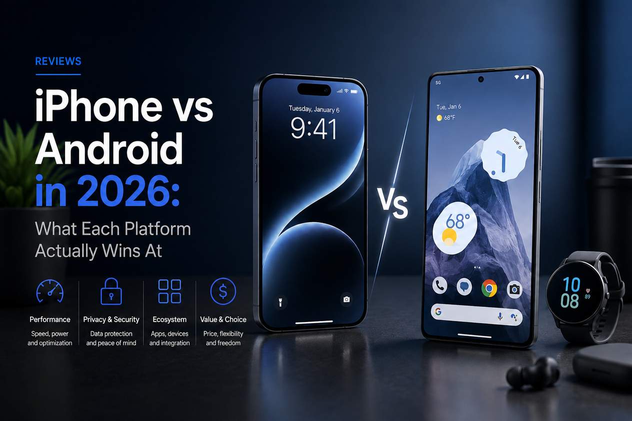 Editorial-style hero image comparing iPhone and Android in 2026. Two flagship smartphones are displayed side by side on a dark, blue-lit studio background with a glowing “VS” between them. The left side features the headline “iPhone vs Android in 2026: What Each Platform Actually Wins At,” labeled as a reviews article. Four comparison categories—Performance, Privacy & Security, Ecosystem, and Value & Choice—are highlighted below, while a smartwatch and wireless earbuds reinforce the premium technology review aesthetic.