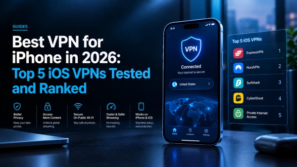 Hero image for a 2026 iPhone VPN guide showing a smartphone with a connected VPN app and global network map, alongside a ranked list of five iOS VPNs.