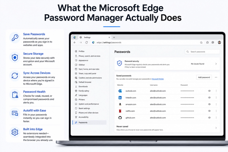 Editorial infographic explaining what Microsoft Edge Password Manager does, showing key features including password saving, secure storage, device syncing, password health checks, autofill, and built-in Edge integration alongside a visual of the Edge password settings interface.
