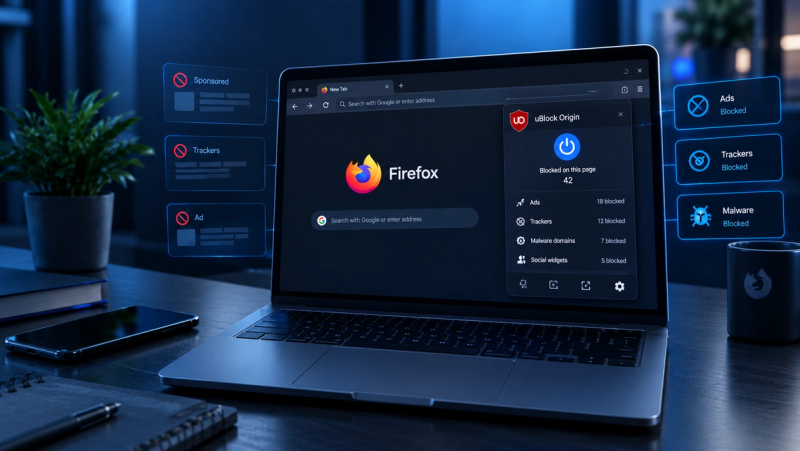 Firefox browser with uBlock Origin blocking ads, trackers, malware domains, and other unwanted content on a laptop screen.
