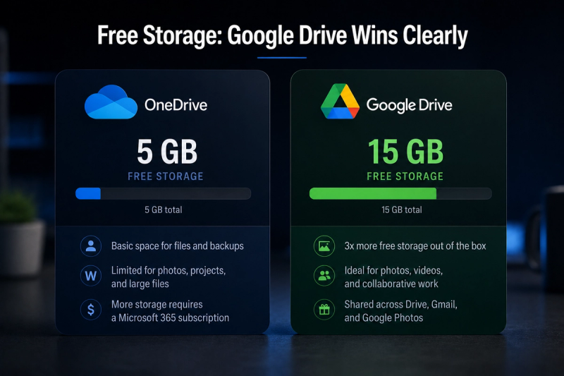 Side-by-side comparison of OneDrive and Google Drive free storage, showing 5 GB for OneDrive and 15 GB for Google Drive, with Google Drive highlighted as the clear winner.