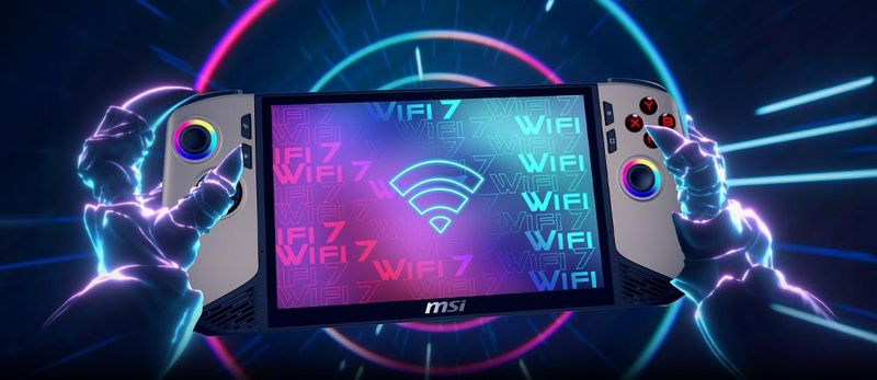 An MSI handheld gaming console displaying a "WiFi 7" graphic held by glowing, electrifying hands against a futuristic neon background.