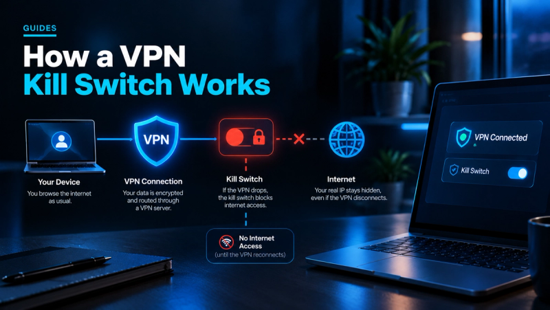VPN kill switch infographic illustrating how encrypted traffic flows from a device through a VPN connection, with the kill switch blocking internet access if the VPN disconnects. A laptop on the right displays an active VPN connection and enabled kill switch against a dark, blue-lit technology background.