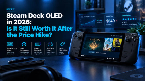 Steam Deck OLED handheld gaming console featured in a premium dark, blue-lit setup, highlighting its OLED display, gaming performance, and 2026 price hike in a review of whether it is still worth buying.