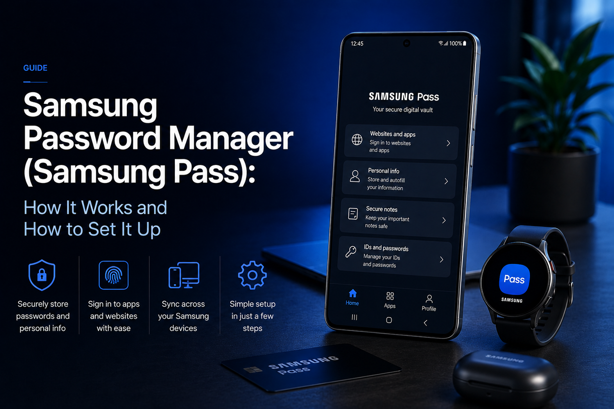 Premium editorial hero image showing a Samsung smartphone displaying the Samsung Pass interface alongside a smartwatch and other Samsung devices, with dark graphite surroundings and blue ambient lighting, illustrating how Samsung Password Manager works and how to set it up.