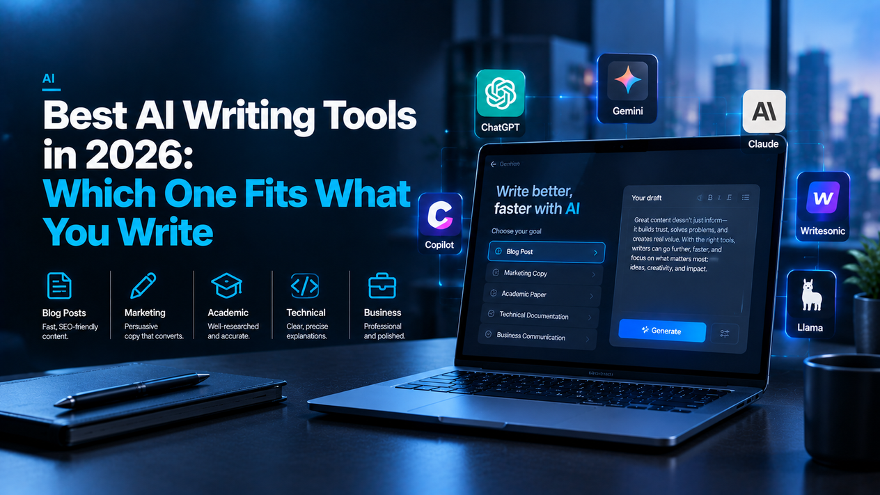 Best AI writing tools in 2026 displayed on a laptop, featuring ChatGPT, Gemini, Claude, Copilot, Writesonic, and Llama, with writing options for blogs, marketing, academic papers, technical documentation, and business communication.